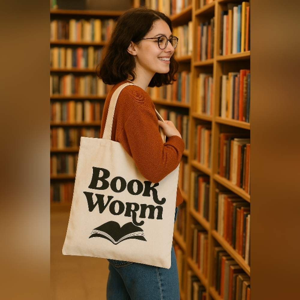 Cream Book Worm Tote Bag with Black Print Size 13.5X16 NWT